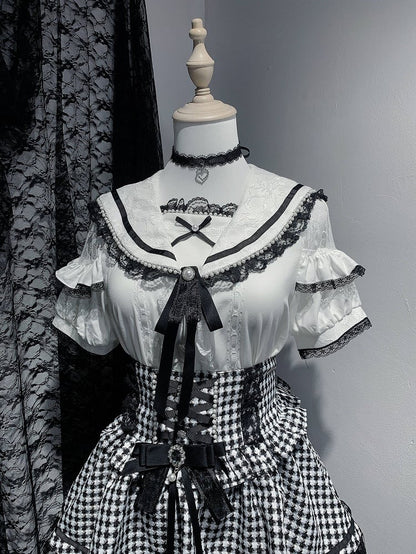 Sleeves Blouse Shoulder Short Beaded Jirai Kei Cutout with Sailor Collar Black/White