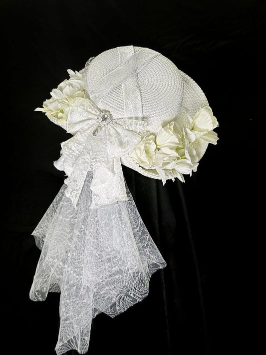 mit Design Floral Bowknot Hut Schleier Weiß
