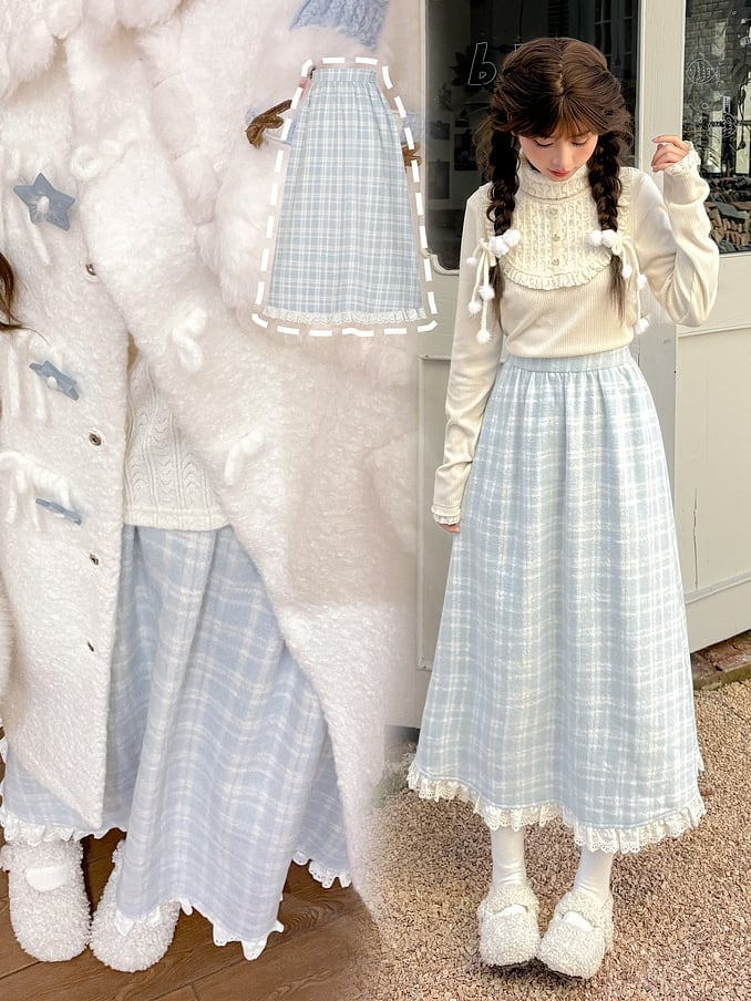 Jupe midi taille haute à carreaux bleus et bordure en dentelle