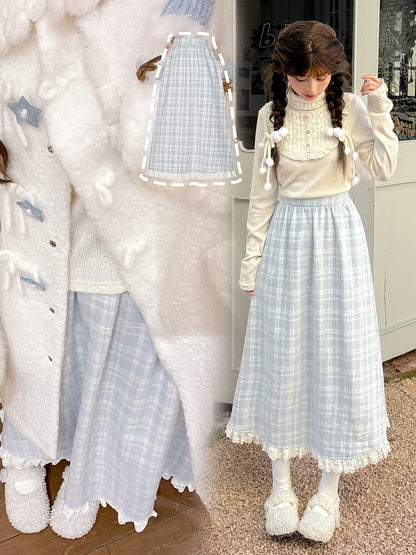 Jupe midi taille haute à carreaux bleus et bordure en dentelle