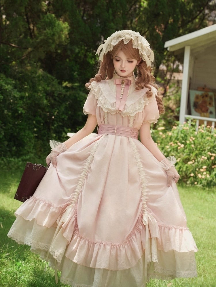 with Belt Pink Waist Versatile and Drawstring Lolita Bows Design Fashion Dress