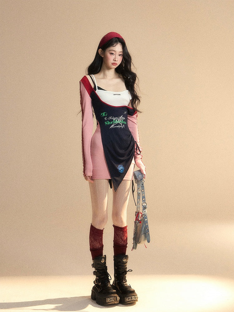 Waist Patchwork Design Glamorous Pink Dress High Mini