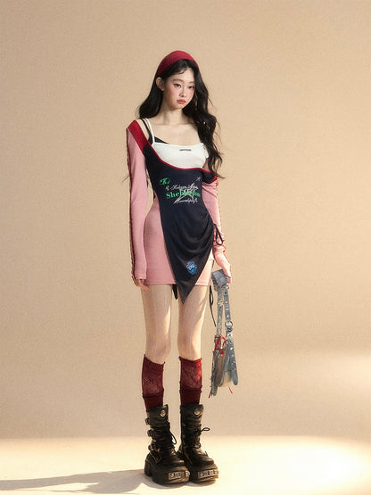 Waist Patchwork Design Glamorous Pink Dress High Mini