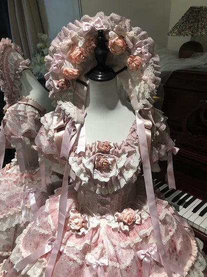 Adorned with Flowers Lolita Bow Pink Bonnet Accents and Lace-Trimmed