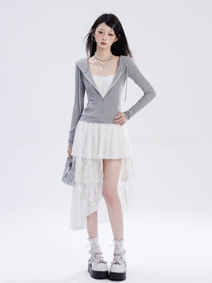 Waist and White Asymmetrical Waistline Lace Hem Slip Dress with Chain Free