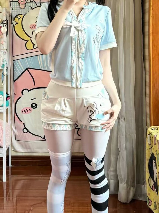 Blue Bear T-shirt Diamond Pattern Ear Kaiwai Cat Tenshi Light Print Hoodie
