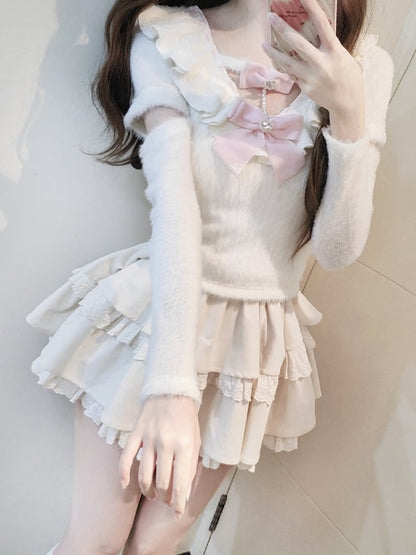 White Ruffle Neckline Cutout Sleeves Sweater with Tiered Skirt and Pink Bows Set