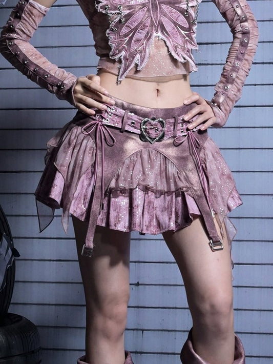 Hem Mini Pink Skirt Denim Belt Asymmetric Sequined Heart with Y2K Buckle Punk