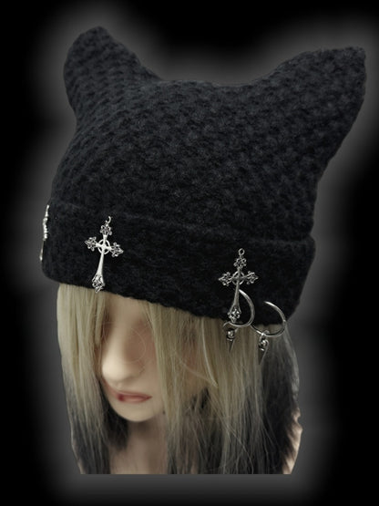 Y2K Black Cross Charms Studs Punk Cat Ears Beanie