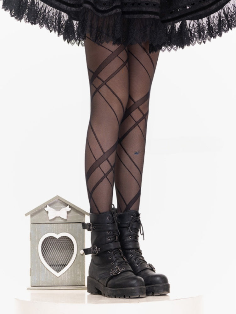 Schwarze, halbtransparente Lolita-Strumpfhose mit überkreuzten Bändern