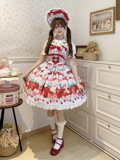 Lolita Blue Strawberry Sweet Dessert and Print Dress