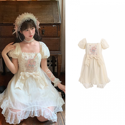 Sweet Fairy Tale Print Apricot Square Puff Short Casual Bow Big Lolita Dress Waist Neckline Sleeves and