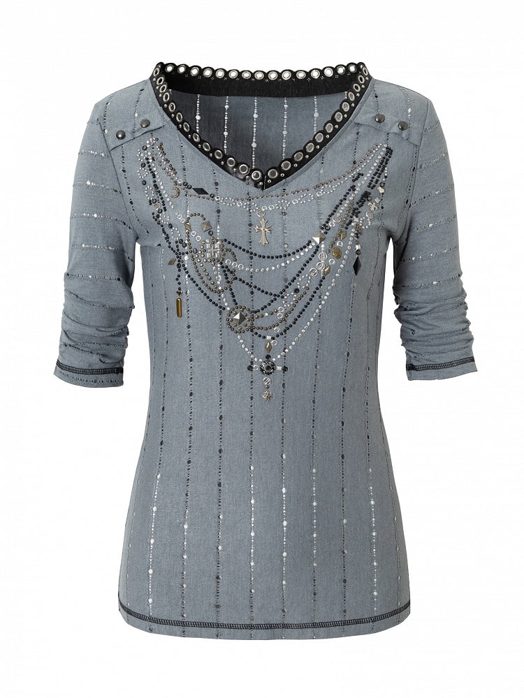 Pattern Long V-neck Rhinestone Striped Pink/Blue Sleeves Punk Design Top Necklace Wasteland