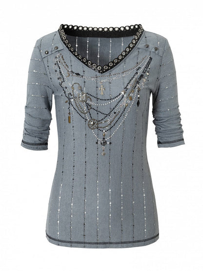 Pattern Long V-neck Rhinestone Striped Pink/Blue Sleeves Punk Design Top Necklace Wasteland