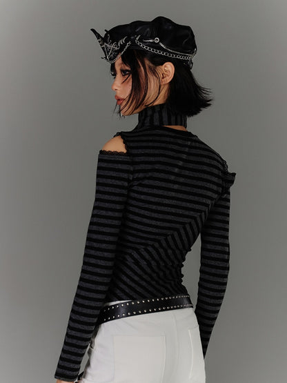 mit Schal Schwarz Grau Gestreift Cutout Schulter Grafik Top Star Punk