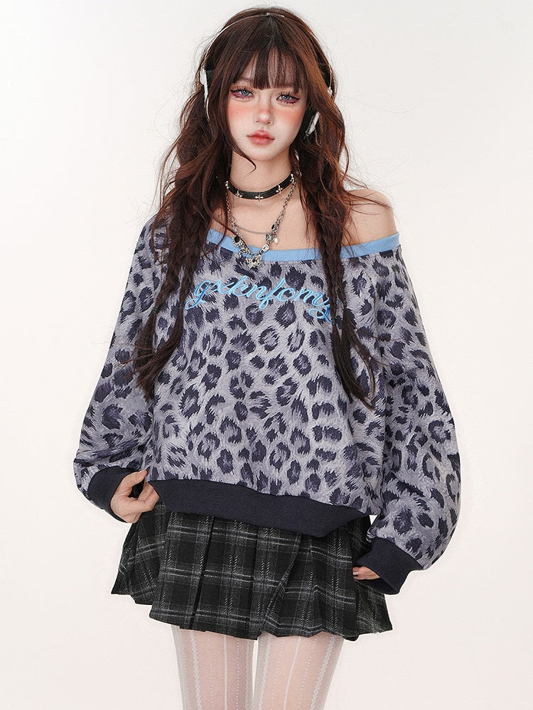 Leopard Pattern Asymmetrical Neckline Sweatshirt