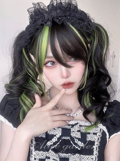 Black And Green Highlights 60CM Long Wavy Wig With Bangs