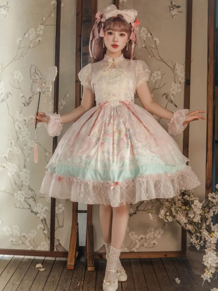 Robe Lolita rose à taille basque, imprimé pêche et fleurs de pêcher JSK