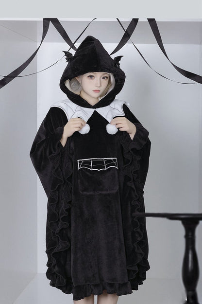 Black Little Ghost Cloak + Spider Web Embroidery Collar