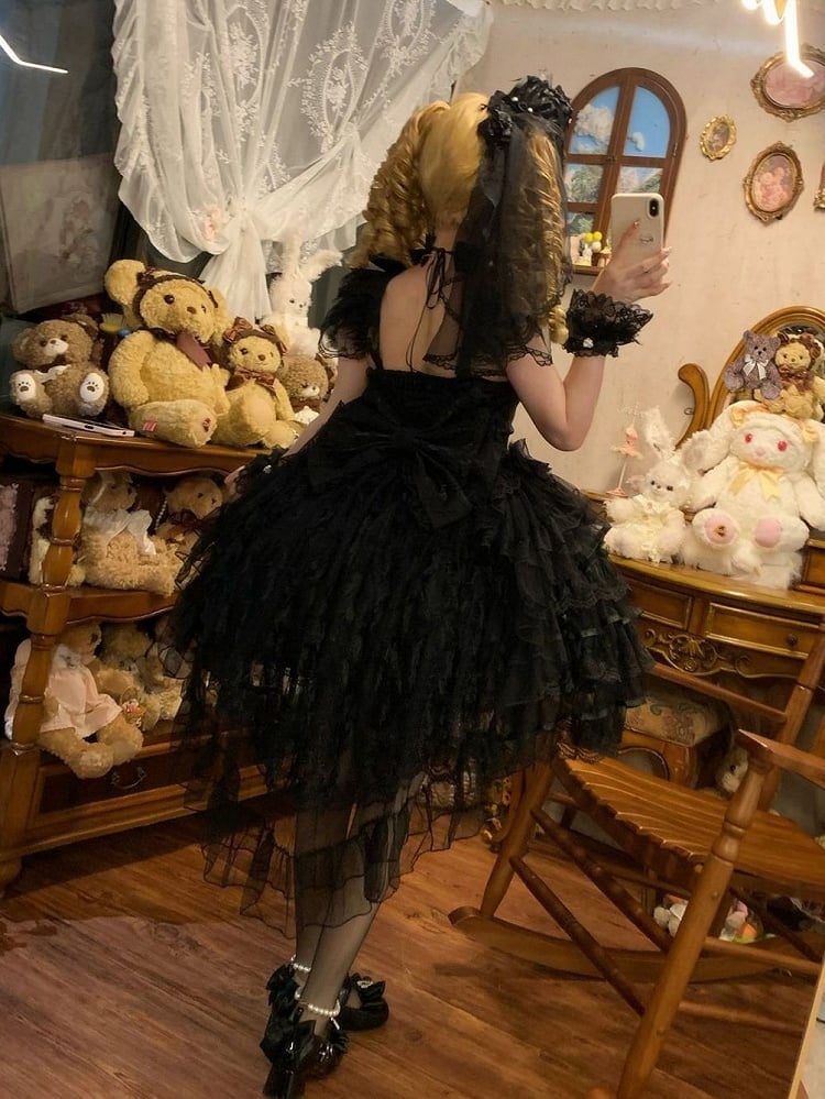 Butterfly Hanayome Skirt Tiered Dress Hime Bodice Lolita Fabric All Black