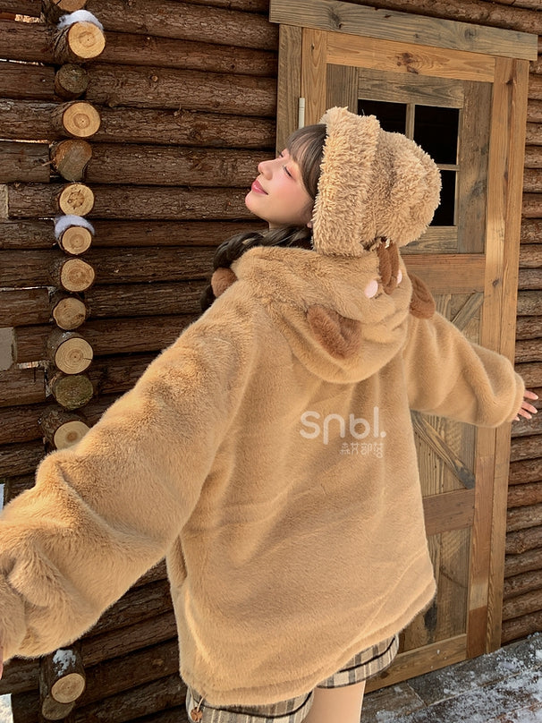 Cute Capybara Adorned Brown Plush Zip Hoodie