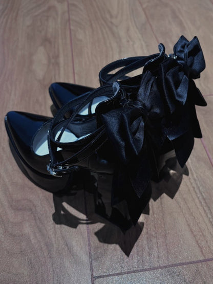 Gothic Black Detachable Bowknot Crisscross Buckle Strap Platform High Block Heels