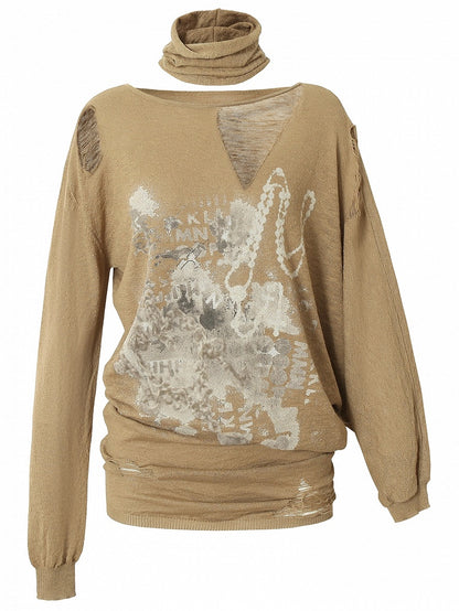 Distressed Beige/Khaki Top Neckline Punk Asymmetrical Sun Protection Wasteland Holes