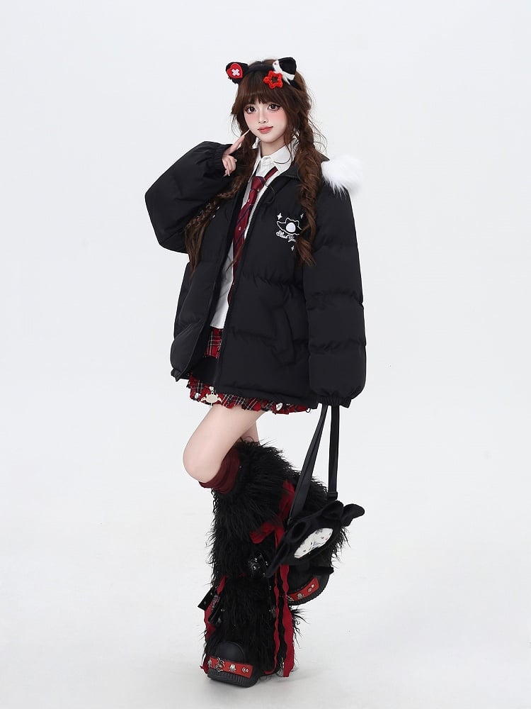 Black Faux Fur Trim Puffer Jacket with Free Crossbody Ita Bag