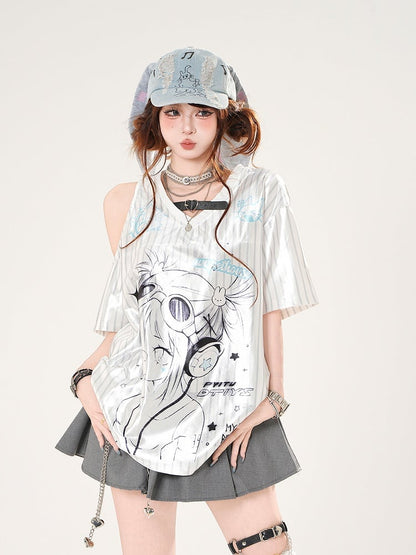Satin-T-Shirt mit Anime-Mädchen-Print und ausgeschnittenen Schultern, weißes Muster, gestreifter V-Ausschnitt