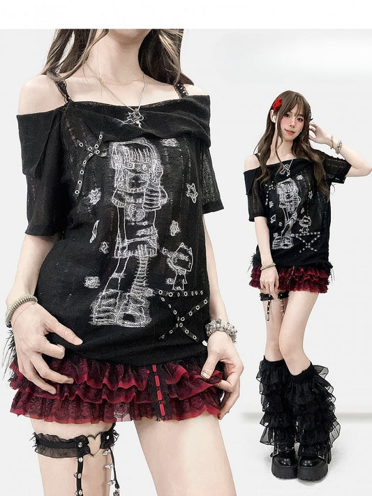 Mädchen Nieten T-Shirt Off-the-Shoulder Schwarz Details Print Cartoon Ausschnitt