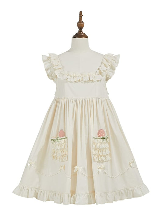 Robe longue beige en coton à taille haute et appliques de fraises