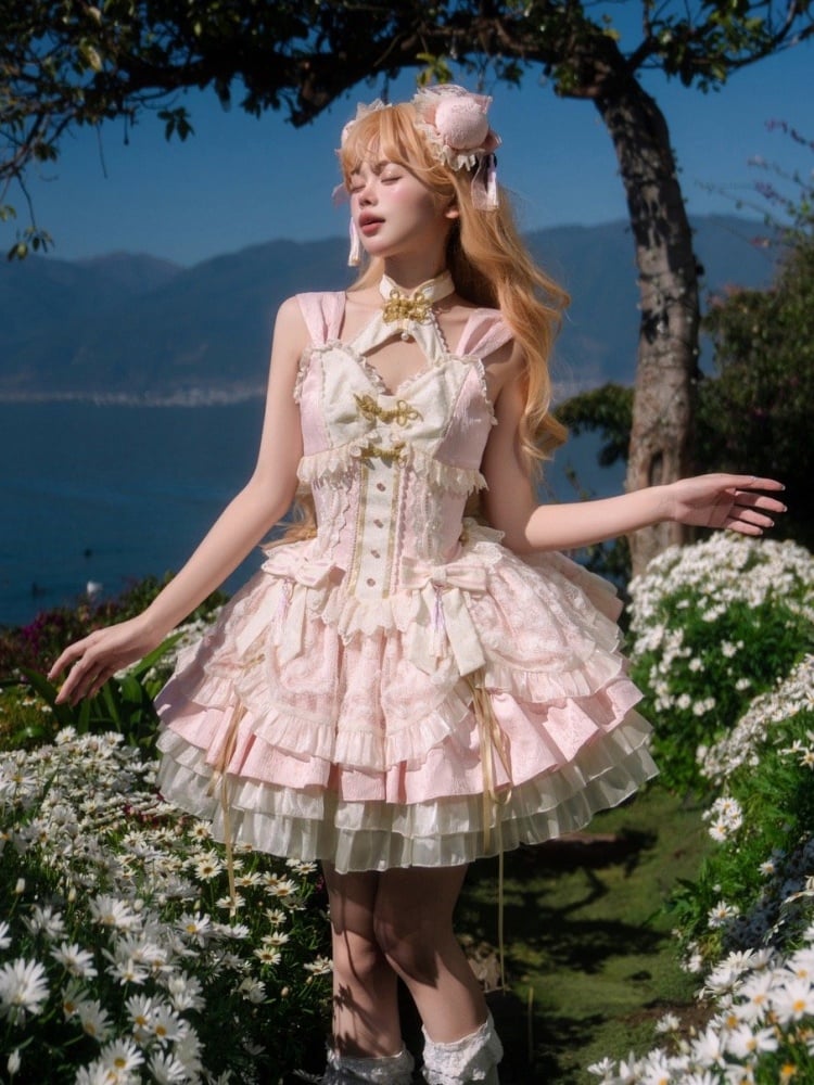 Sakura Pink Qi Lolita-Kleid mit Korsett-Taille und großer Schleife an der Taille