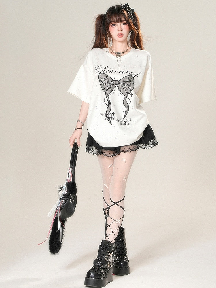 Kawaii T-shirt Print Applique And Daily Letter Bow Star Big White/Black