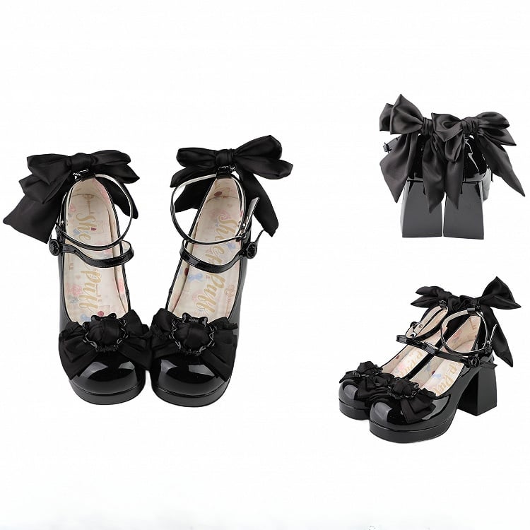 Top Platform Black Bow Polished at High Heels Block