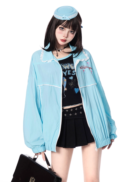 Hem Shirt Collar Elastic Cuffs and Zip-up Jacket Blue
