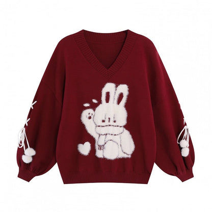 Black Cute Bunny V-neck Loose Sweater Lace-up Detail at Sleeves