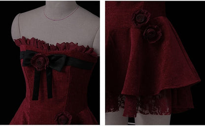 Roses Embellishments Christmas Wine Red Strapless Dress with Plush Shawl Set