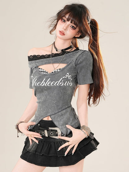 Plaid T-shirt Trim Glamorous Bittersweet Asymmetrical Pattern Print Letter Gray/Black Lace Neckline