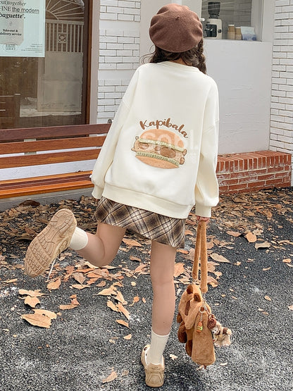 Cute Capybara Burger Applique Beige Thick Sweatshirt