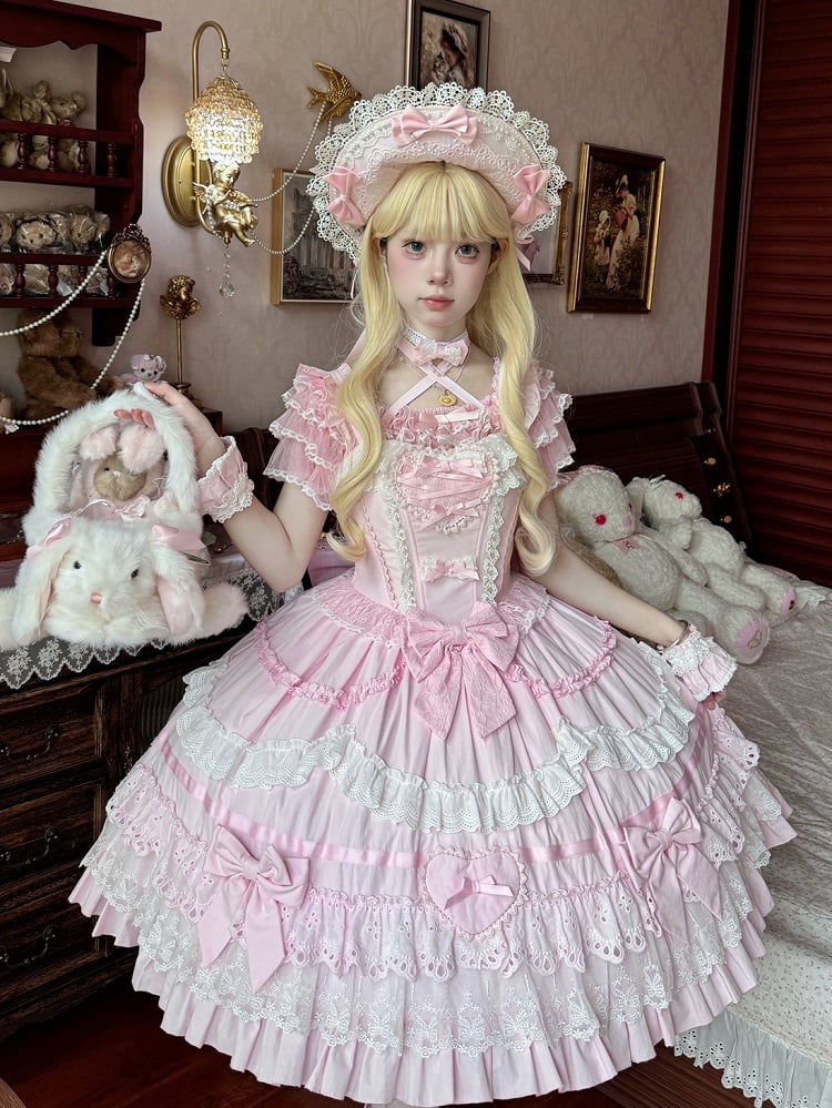 Pink and White Old School Lolita Dress Bows and Heart Shape Decoration Princess Lolita Jumper Skirt