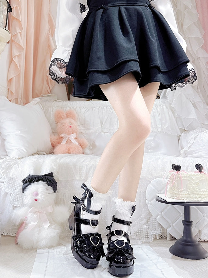 Block Platform High Polished Lace-up Heart Rhinestone Decorated Details Kei Jirai Black Heels