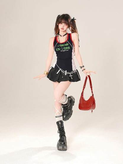 Design Letter Print Tank Top Navy Blue Colorblock