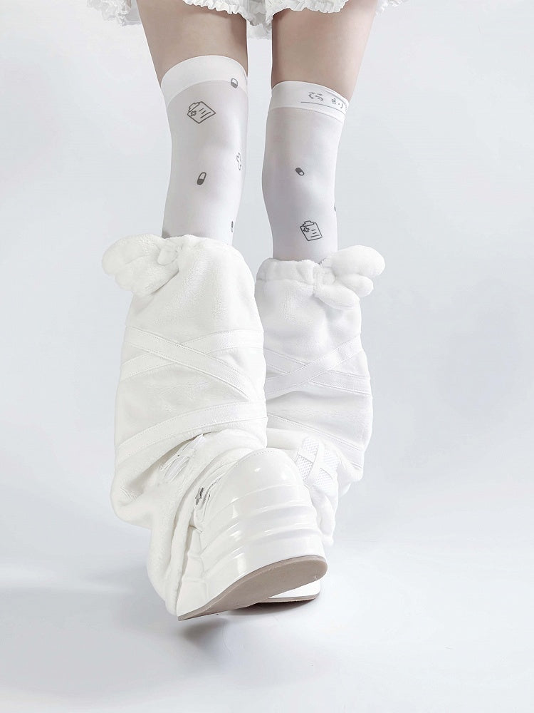 Kei Applique Angel Jirai Kawaii White Yami Flannel Leg Warmers Wings Design Cross
