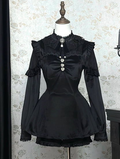 Black Jirai Kei Set Lace Patches Velvet Landmine Style Dress + Bow Tie + Ruffle Cuffs Shorts