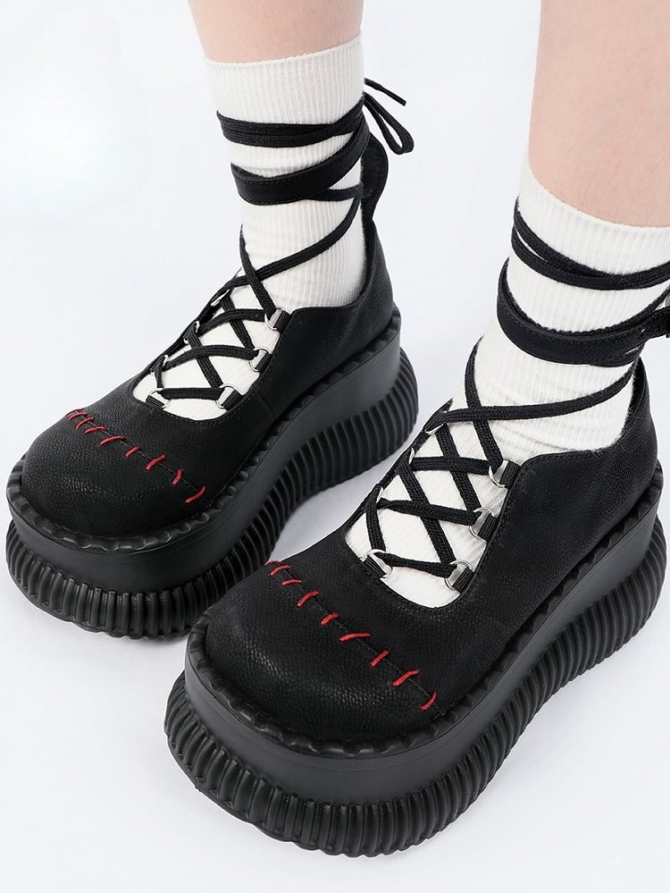 Contrast Closure with Lace-up Stitching - Crisscross Red Janes Black Platform Mary