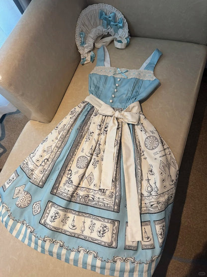 Dress Lolita Blue Print Square Neckline Elegant Classic with