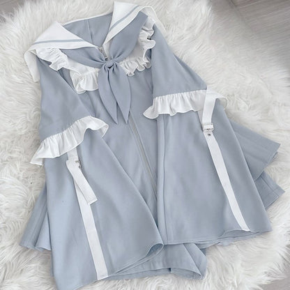 Light Blue Jirai Kei Full Set Sailor Collor Detachable Sleeves Dress