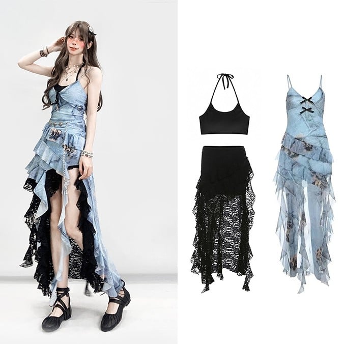 Y2K With Ruffle and Dress Cami Blue Camisole Black Cascading Trim Skirt Glamorous High-low