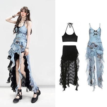 Y2K With Ruffle and Dress Cami Blue Camisole Black Cascading Trim Skirt Glamorous High-low