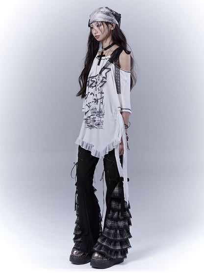 Black Lace-up Front Tiered Plaid Cuffs Slim-fitting Pants